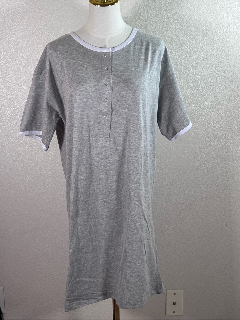 Thrive Heather Gray Short-Sleeve Henley Nightshirt with White Trim